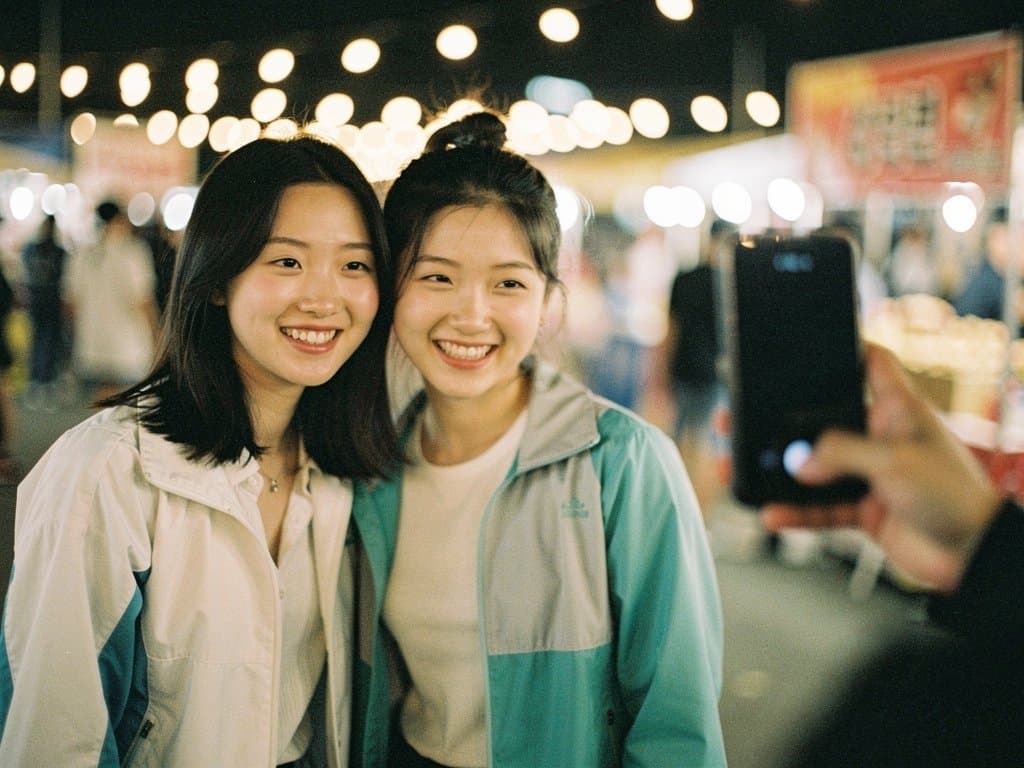 밤 축제에서 포토 AR로 촬영하는 모습